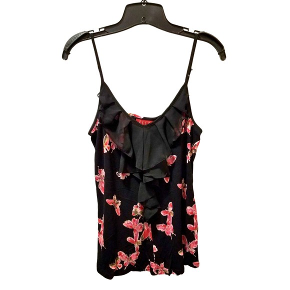 Elle Sleeveless Black Floral Cami Blouse with Ruffles Size M - Picture 1 of 4